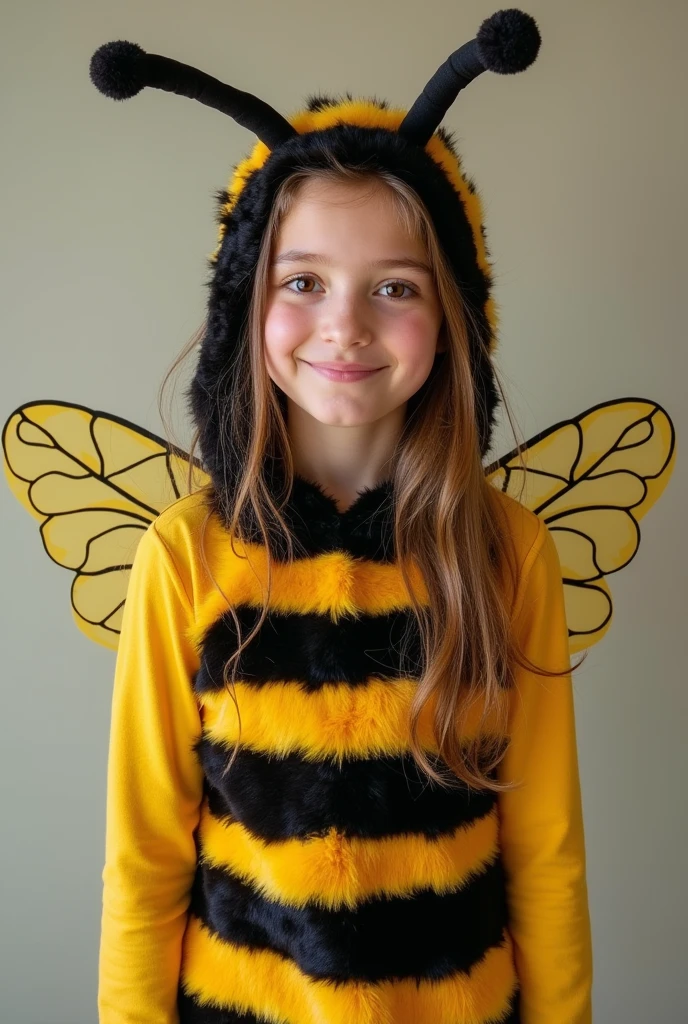 A boy with long, voluminous straight hair wearing a black and yellow striped outfit with a drawing of a bee in the middle of the shirt with its tongue sticking out to the side