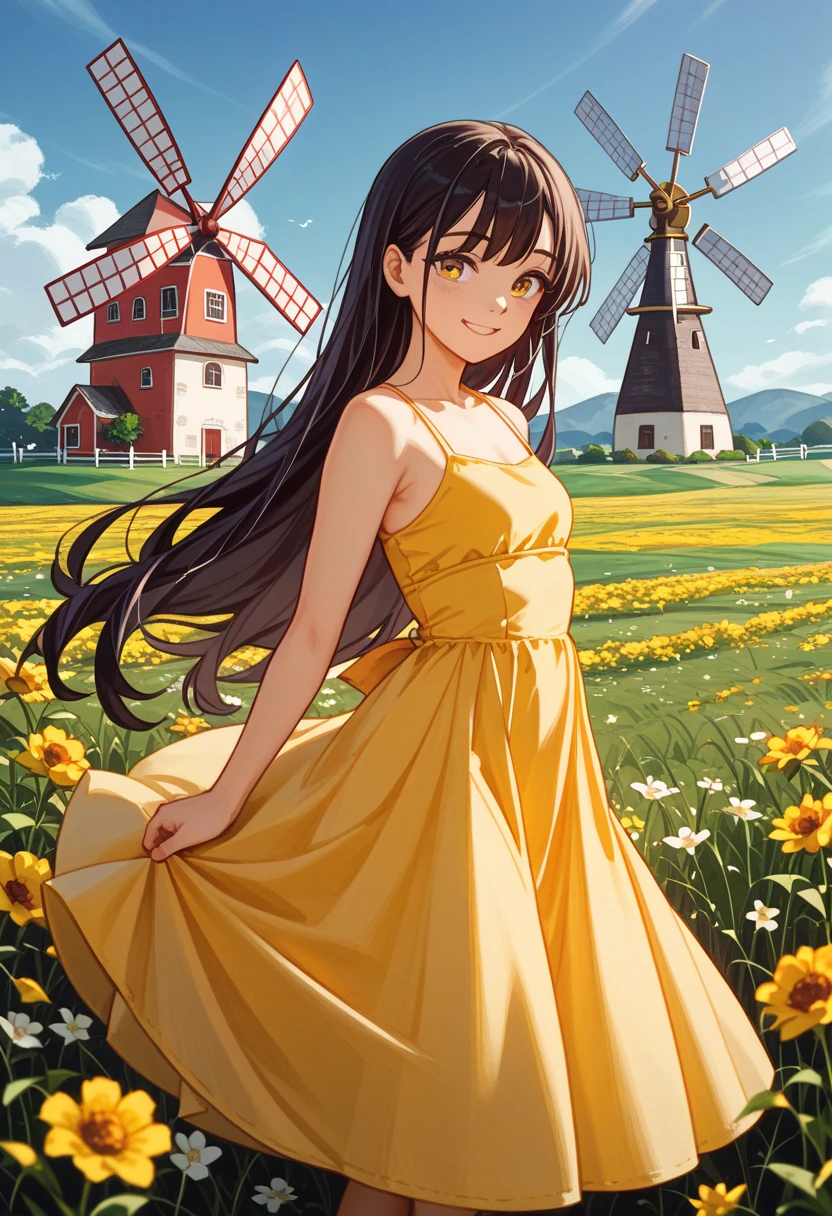  top quality、 anime painting、One girl、One fat man 、Girl Hugs Man 、Delighted man、whole body、Smiling Girl、 very small breasts、Slim body、 Smooth Long Hair、 Yellow Dress 、Flower Field、windmill