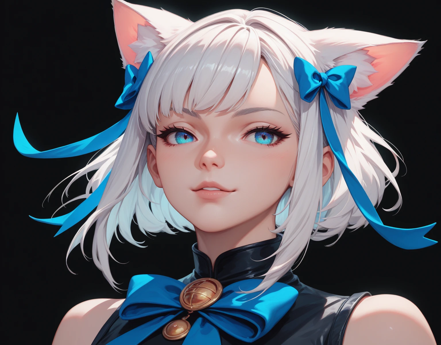 1girl Anime girl with cat ears ,  white hair, ojos azules.  Blue ribbons under both cat ears.  wears little black semi-royal clothing .  Black background. Very colorful and bright.  High resolution, 4K Full HD. 