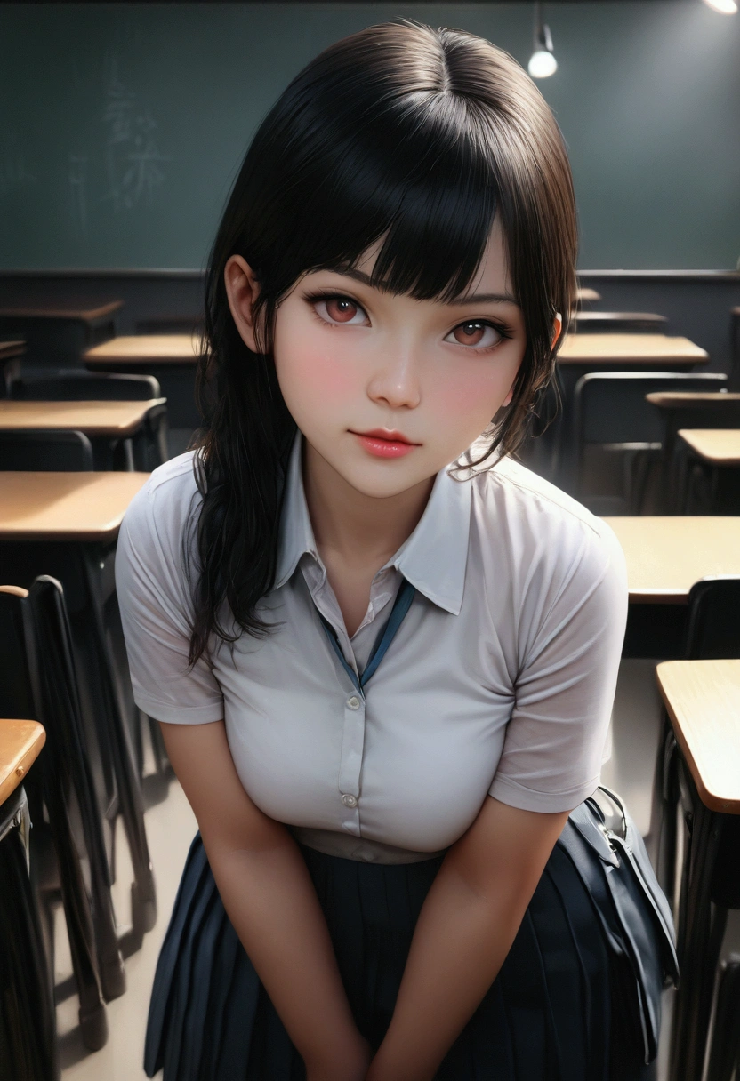 Sexy classmate, emo, unruly, not paying attention to class, playfully staring at viewer, seductive look
