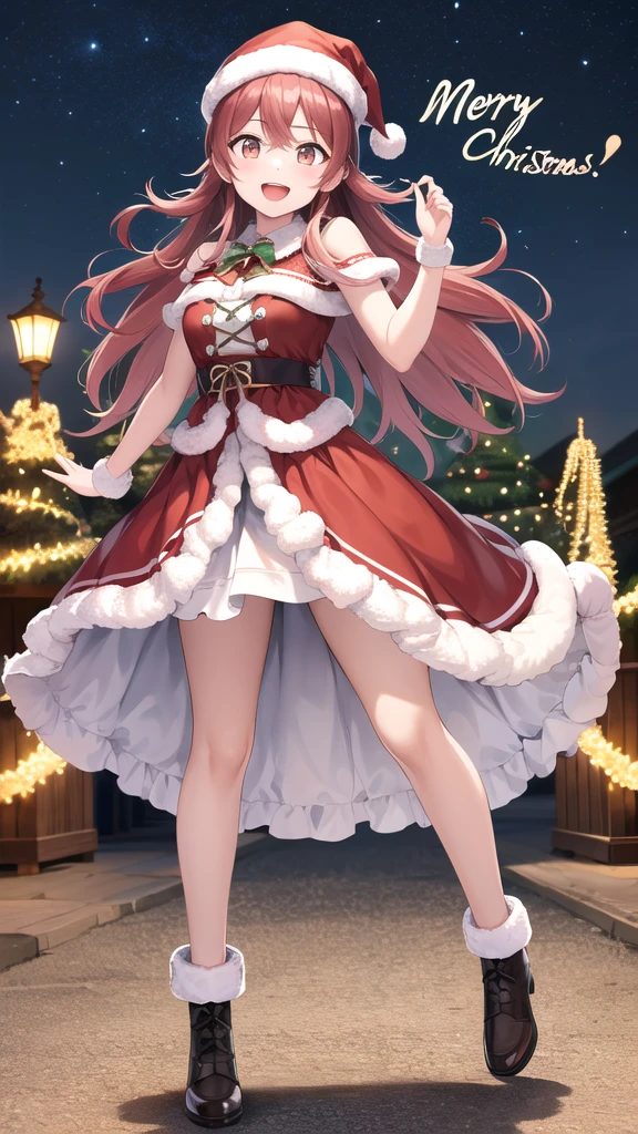 masterpiece, best quality, highres, aakaho, long hair, ahoge, merry christmas Dress, standing, smile, open mouth,