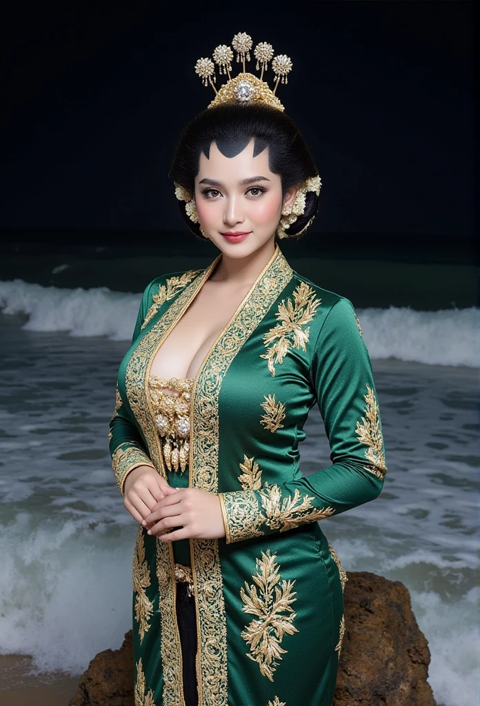  woman with her chin split in half in a traditional traditional Javanese robe dress of green color. Green Javanese traditional batik sarong.  silver , cuffs, collar,  gold crown on his head  .  in front of the camera . nice detail .  And nice .  On The Rock. Sitting on a rock the waves hit her feet .  Background in the middle of the blue sea waves flying in the air . No light Dark night . °mix4 , 20d,hyper-realistic:1.37),16K HD