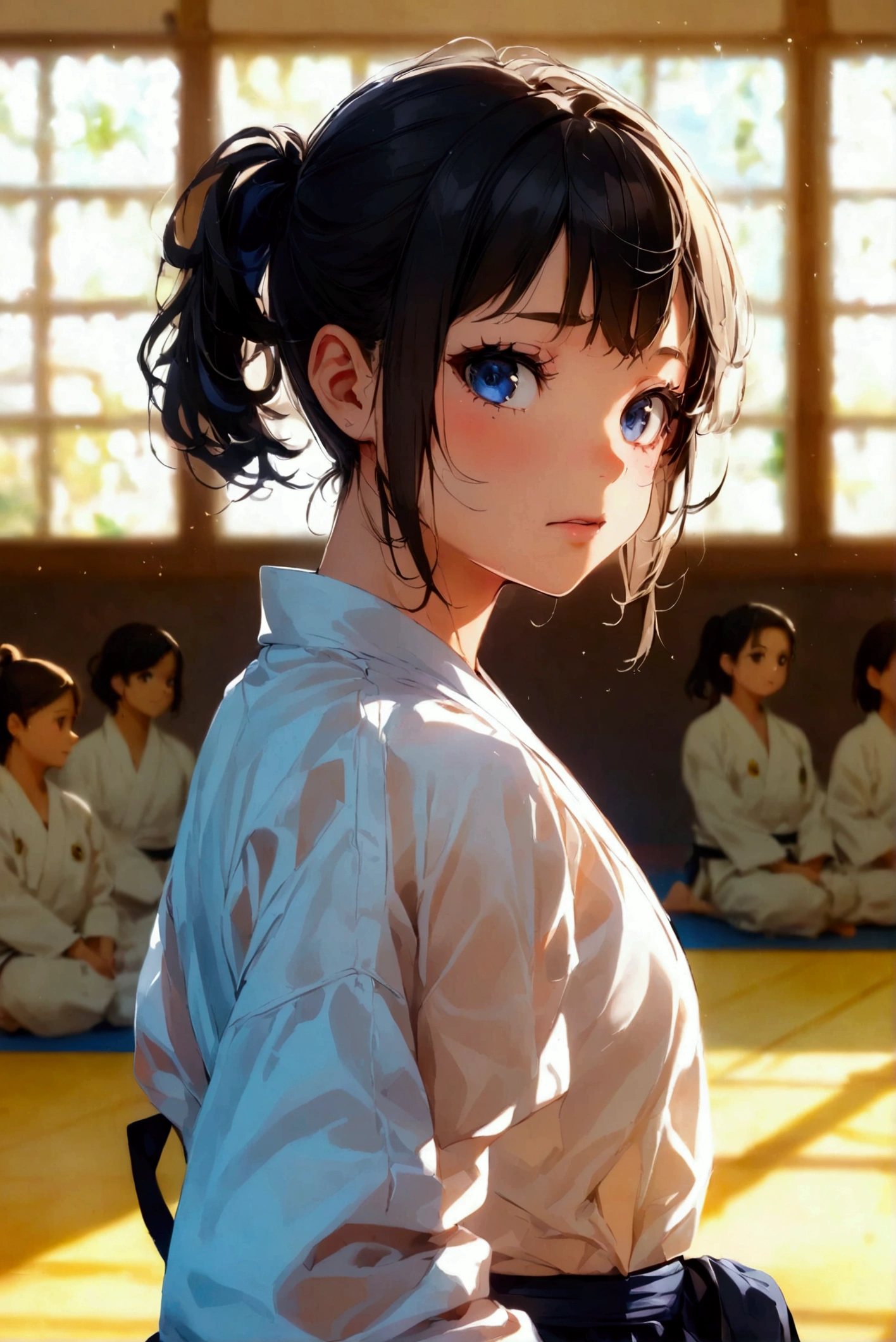 masterpiece, (textured skin), best quality, gorgeous beautiful girl, (a female judo athlete), detailed clothes,large breasts,narrow waist,, (beautiful face), cinematic lighting, (at judo venue ),