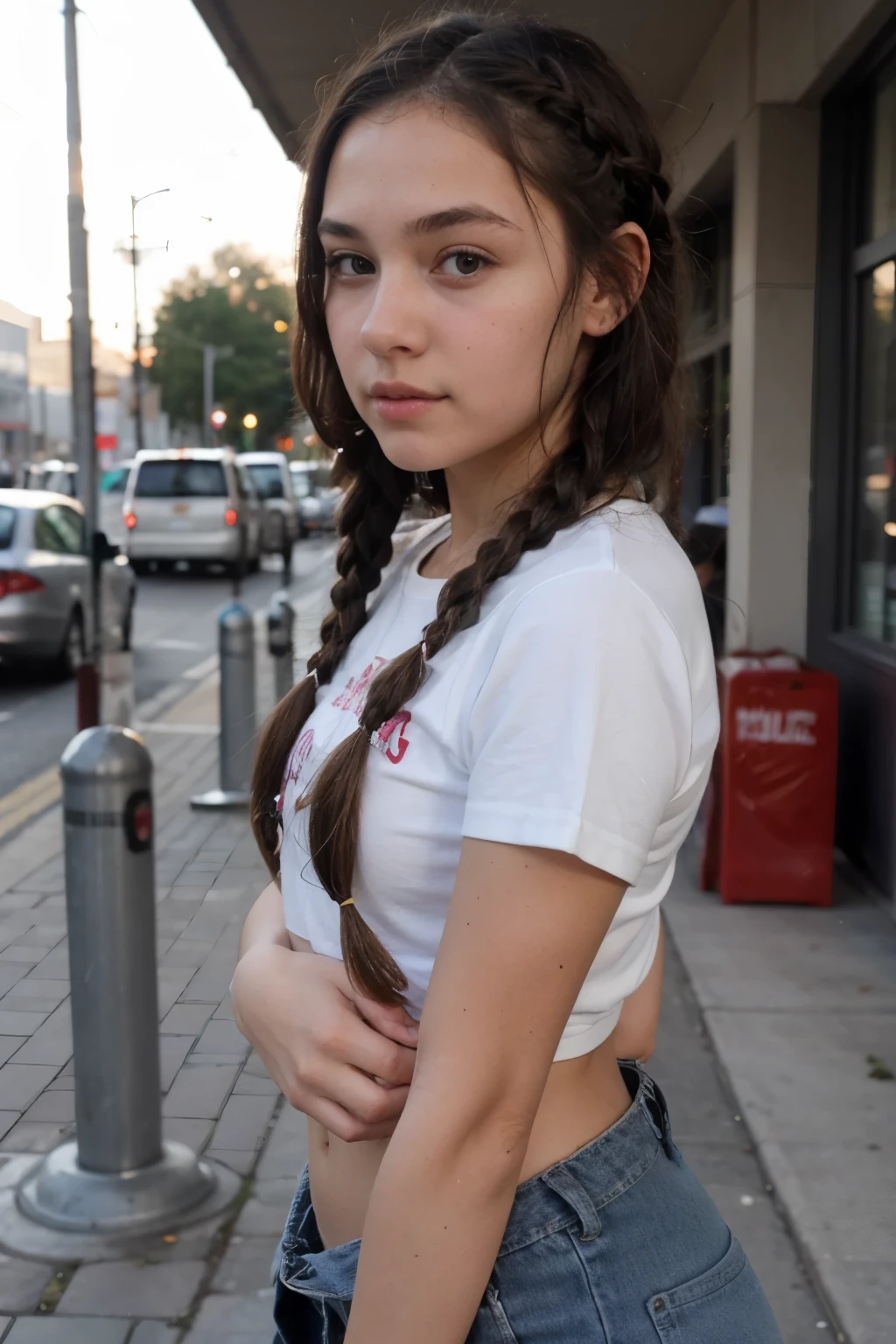 An impressive and intricate full color portrait, Ultra-HD a  girl, brown hair with 2 braids, brown eyes, pink headband, detailed face, dressed in a micro_bikini, no logos, epic character composition, alessio albi, nina masic, sharp focus, natural lighting, subsurface dispersion, f2, 35mm,, open legs, sexy pose, cameltoe, slut, pornstar, nsfw