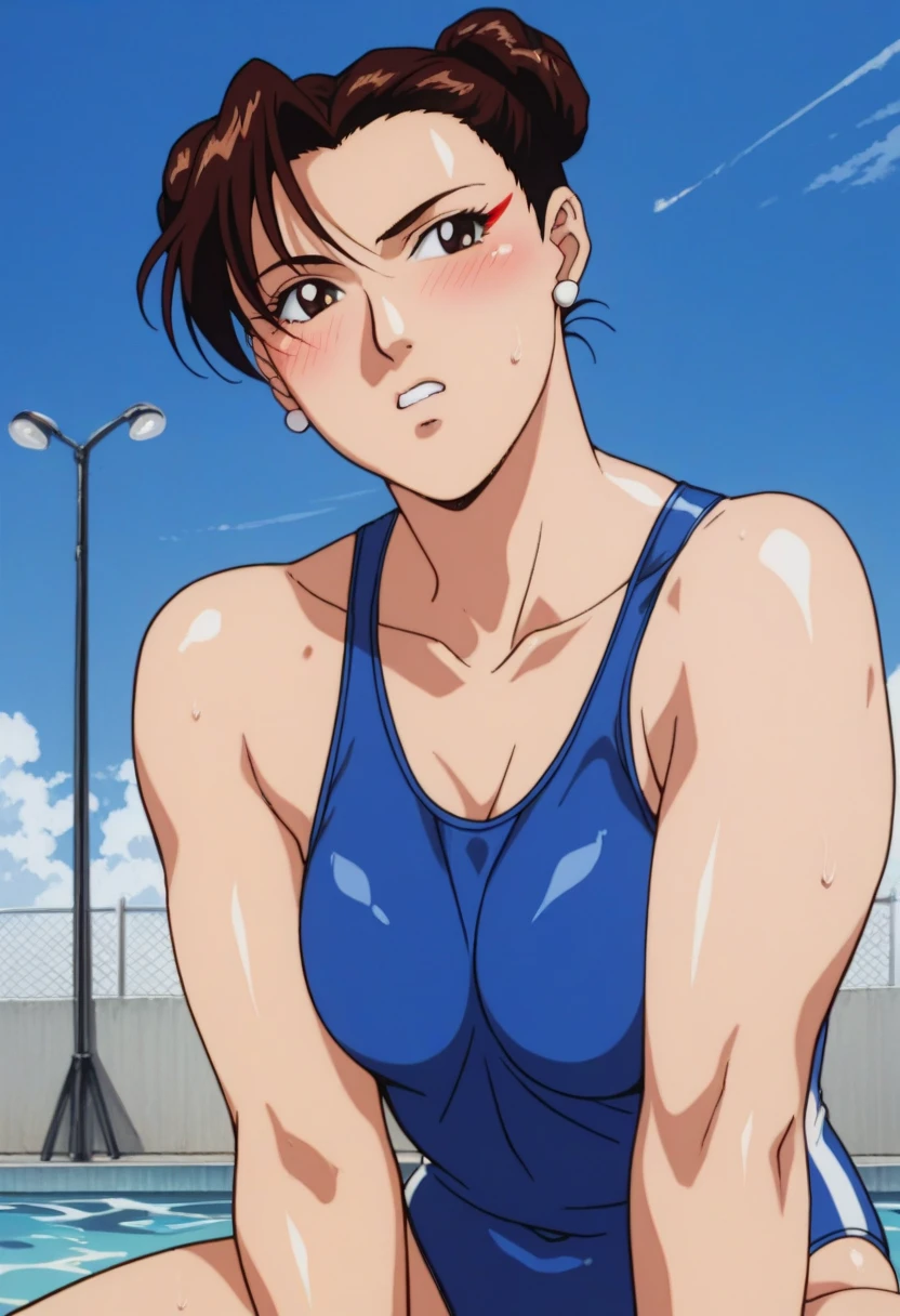 A boyish, short-haired, busty, beautiful-legged woman is standing by the pool in a competitive swimsuit.。Angle from behind。The camera is pointed at a middle-aged man。