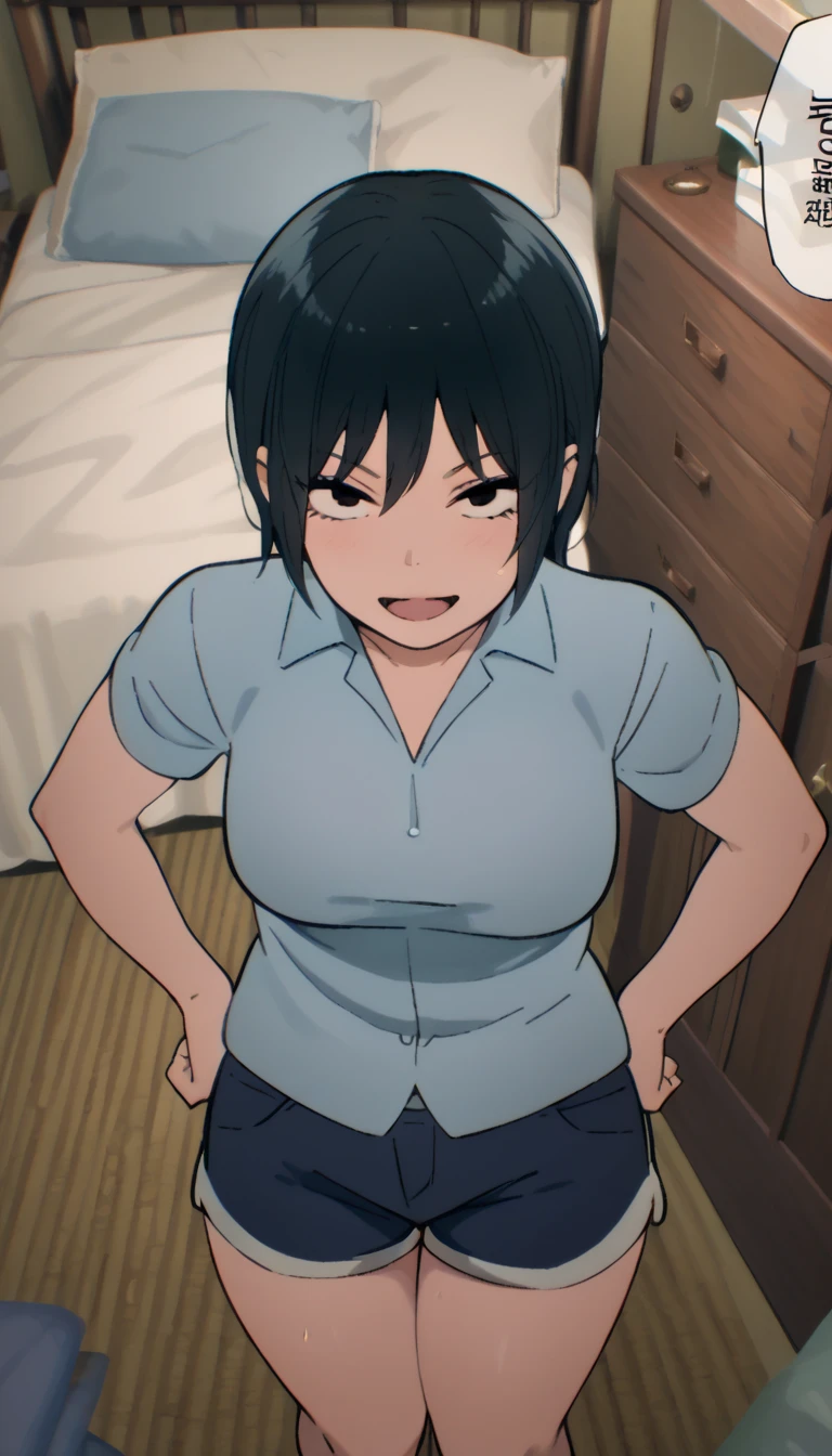 La chica anime con cabello negro con mechones amarillos y ojos azules tiene cabello rubio atado en cuatro coletas y viste uniforme.