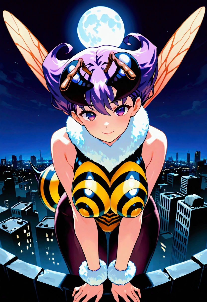 score_9,score_8_up,score_7, source anime, BREAK, 1girl, solo, bee girl, q-bee darkstalker, abdomen tail, bee tail, arthropod girl, wings, solo, antennae, purple hair, insect wings, monster girl, purple eyes, short hair, pantyhose, looking at viewer, purple pantyhose, bangs, leotard, fur collar, smile, bare shoulders, bodysuit, sleeveless, big large breasts, fur trim, seductive, sexy, night sky, post-apocalypse, crumbling city on background, late night, moon, (masterpiece), best quality, high res, HD, 4k, 8k, Detailed Illustration, intricate detail, cinematic lighting, amazing quality, amazing shading, soft lighting, absurdres, newest, half-length portrait, close-up, bending forward, flying,