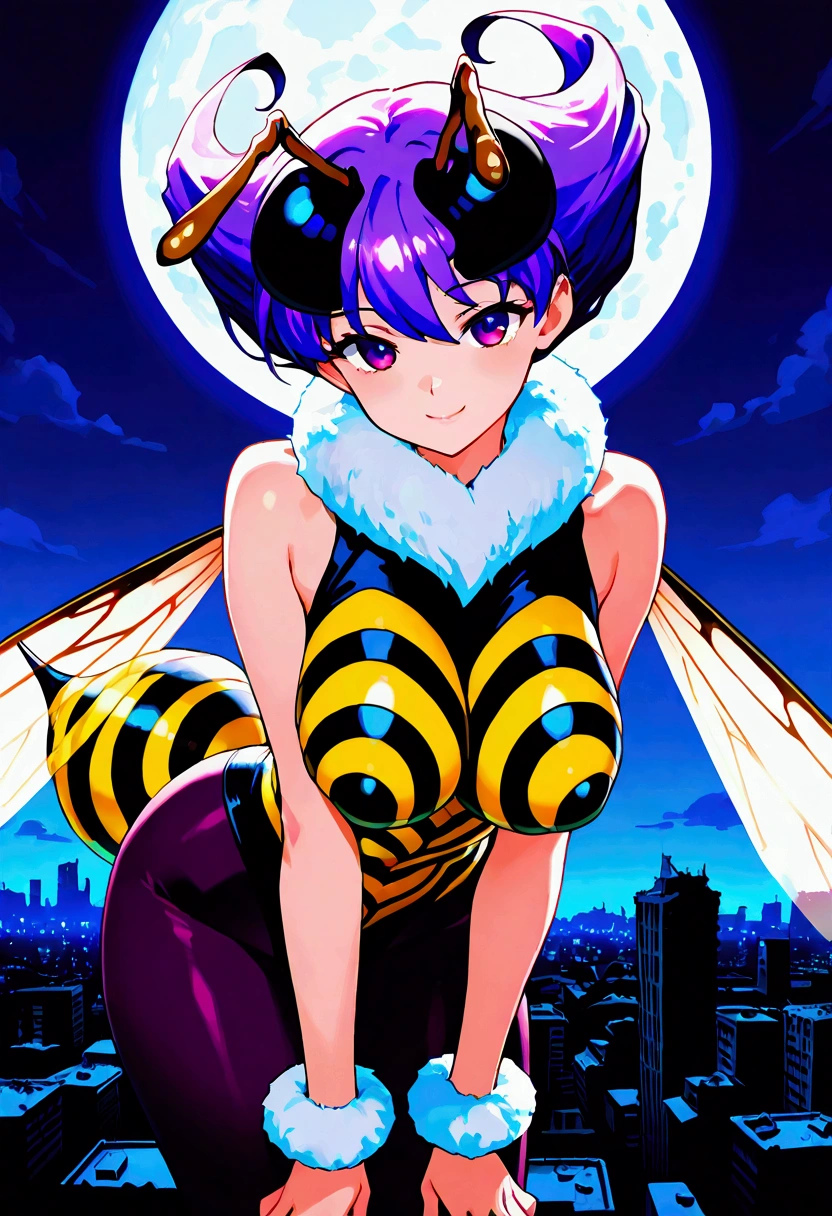 score_9,score_8_up,score_7, source anime, BREAK, 1girl, solo, bee girl, q-bee darkstalker, abdomen tail, bee tail, arthropod girl, wings, solo, antennae, purple hair, insect wings, monster girl, purple eyes, short hair, pantyhose, looking at viewer, purple pantyhose, bangs, leotard, fur collar, smile, bare shoulders, bodysuit, sleeveless, big large breasts, fur trim, seductive, sexy, night sky, post-apocalypse, crumbling city on background, late night, moon, (masterpiece), best quality, high res, HD, 4k, 8k, Detailed Illustration, intricate detail, cinematic lighting, amazing quality, amazing shading, soft lighting, absurdres, newest, half-length portrait, close-up, bending forward, flying,