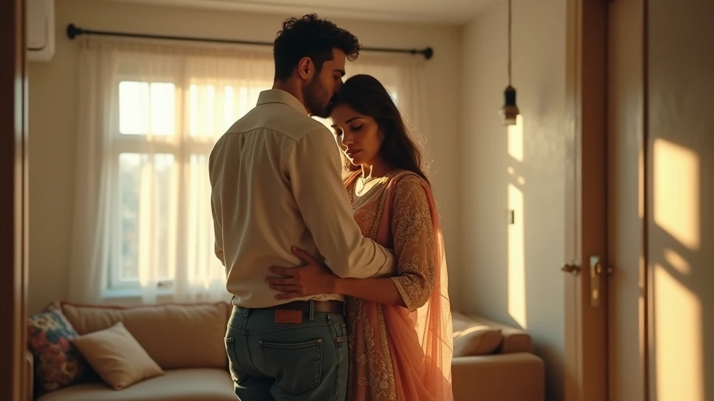Indian 22 year old beautiful girl wears tight kurta, having long hairs, kissing with 20 year old indian boy behind the cupboard.
