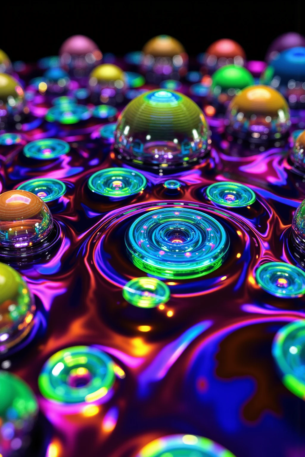 A close up of beautiful bubbles floating on top of each other, Glowing Nightmare, Glowing Runes_green Glowing Runes_pink,LSD, DMT imagery. octane render, psychedelic droplets of water, abstract liquid, and intricate rainbow art. octane render, black 3d fluid simulation,  ethereal bubbles, swirling liquids, and highly detailed, octane render, reflective rainbow bubbles, twisted colors inside of glass spheres, Psilocybin Dream inside an amazing image of light emerging from colors in a shimmering glass morphing out of colors, bright neon and fluorescent colors,very bright, vibrant colors, perfectly formed and symmetrical reflective bubbles and spheres, attention to detail with these beautiful bubbles and spheres, Extreme Hallucinations in a gorgeous piece of  psychedelic digital artwork, Stunning, pixel art, tripped out colors, 4d mandelbulb psychedelics, glass like psychedelic landscape, intricate rainbow environment, psychedelic underwater brightness and glow with neon colors, glowing colors twist inside of translucent glass spheres and bubbles with light and color reflecting off of both in bright fluorescent colors, psychedelic trip, fluorescent and neon aesthetic, psychedelic vibrant colors, bright psychedelic paint splattered backgrounds,swirling spirals and vortex, bright vibrant colors popping out from 3d glass spheres, Rotational Symmetry, Pixel Assets, Portrait photography, Surrealism, Photorealistic, Hyperdetailed, Glass Morphism, Digital Art, Sparkle, Optical Illusion, Glowing Light, Reflective Light, Overexposure, Backlighting, Depth Of Field, Spheres and bubbles show perfect Symmetry, Awe inspiring, Breathtaking, Indescribably Beautiful, Heaven sent images, Best Quality, Award Winning, MasterpieceA close up of beautiful bubbles floating on top of each other, LSD, DMT imagery. octane render, psychedelic droplets of water, abstract liquid, and intricate rainbow art. octane render, black 3d fluid simulation,  ethereal bubbl