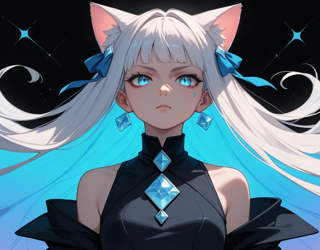 1girl Anime girl with cat ears ,  long white hair, ojos azules.  Blue ribbons under both cat ears.  She wears a few semi-royal black clothes. With blue diamonds . SEMI COMPLETE BODY.  Black background. Very colorful and bright.  High resolution, 4K Full HD. 