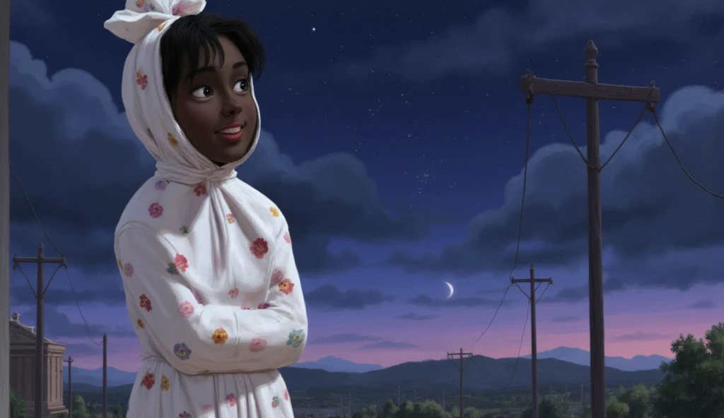 3D animation with vibrant color palette, ((full body)), ((pixar animation)), colors that contrast with the night sky. cute white pocong, cloth pattern with various flower colors, black face, red eyes, red lips, standing next to an electric pole on the side of the road.