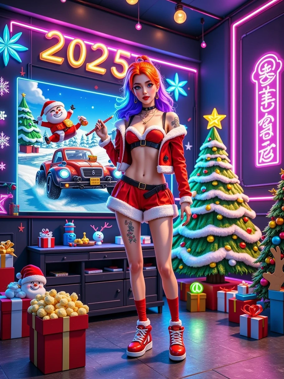 In a 3D cartoon game scene, a woman dressed in Christmas attire, with a slim figure, immerses herself in a fun filled game room, and the entire picture is full of vitality and excitement. The lights in the room are colorful, with a "2025" poster hanging on the wall, surrounded by sparkling neon light strips and Christmas tree decorations full of Christmas themes. In the center of the room, there is a large screen TV displaying a cartoon style Christmas racing game. Give people a strong e-sports atmosphere, surrounded by snacks and drinks such as potato chips, popcorn and juice, gift boxes, shopping bags, etc. This adds a relaxed and pleasant atmosphere.