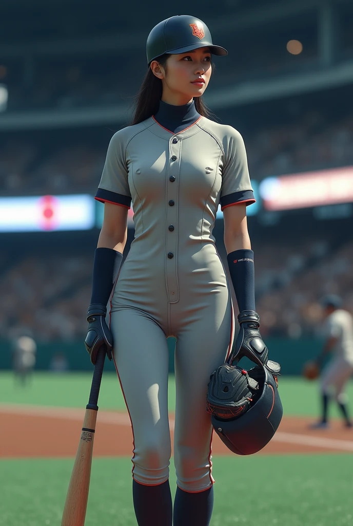 top quality, future world, State-of-the-art robot, ((Beautiful Woman wear tight jump suit, showing waist and cleavages)), flying hair, Transformed into a cyborg except for the face,  Transformed into a cyborg except for the shoulder, sexy images, whole body photo, (((baseball player, running on the court, swing the baseball bat in hand, helmet)))