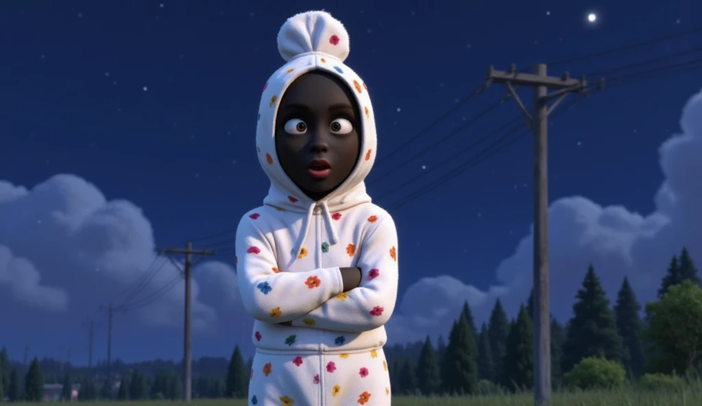 3D animation with vibrant color palette, ((full body)), ((pixar animation)), colors that contrast with the night sky. cute white pocong, cloth pattern with various flower colors, black face, red eyes, red lips, standing next to an electric pole on the side of the road.