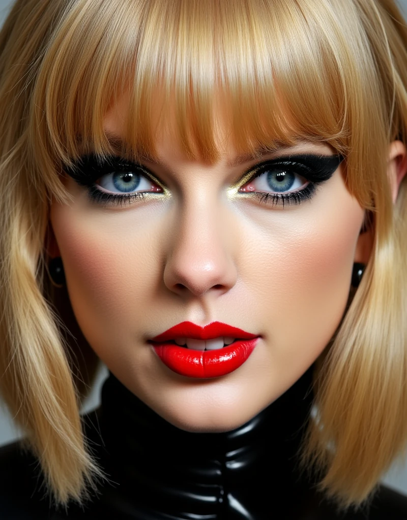 face close up of eyes and lips only. barbie blonde. shiny red lip gloss. latex catsuit with high neck, lips are shiny, extreme shiny e girl makeup