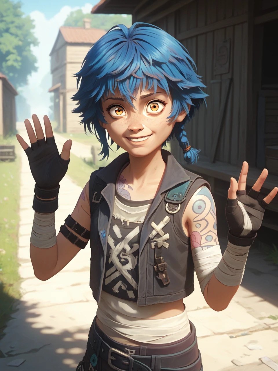 score_9, score_8_up, score_7_up, BREAK, Ish4, 1girl, solo, short hair, blue hair, braid, , freckles, orange eyes, bangs, pants, fingerless gloves, tattoo, bandages,  smile, upper body, raise left arm, day, outdoor, waving, looking at viewer,  sunlight, shadows, natural lighting   