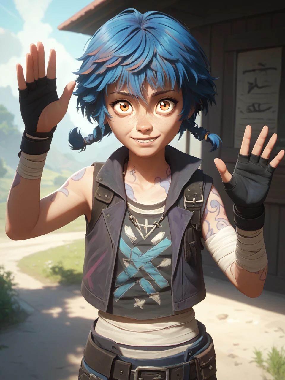 score_9, score_8_up, score_7_up, BREAK, Ish4, 1girl, solo, short hair, blue hair, braid, , freckles, orange eyes, bangs, pants, fingerless gloves, tattoo, bandages,  smile, upper body, raise left arm, day, outdoor, waving, looking at viewer,  sunlight, shadows, natural lighting   