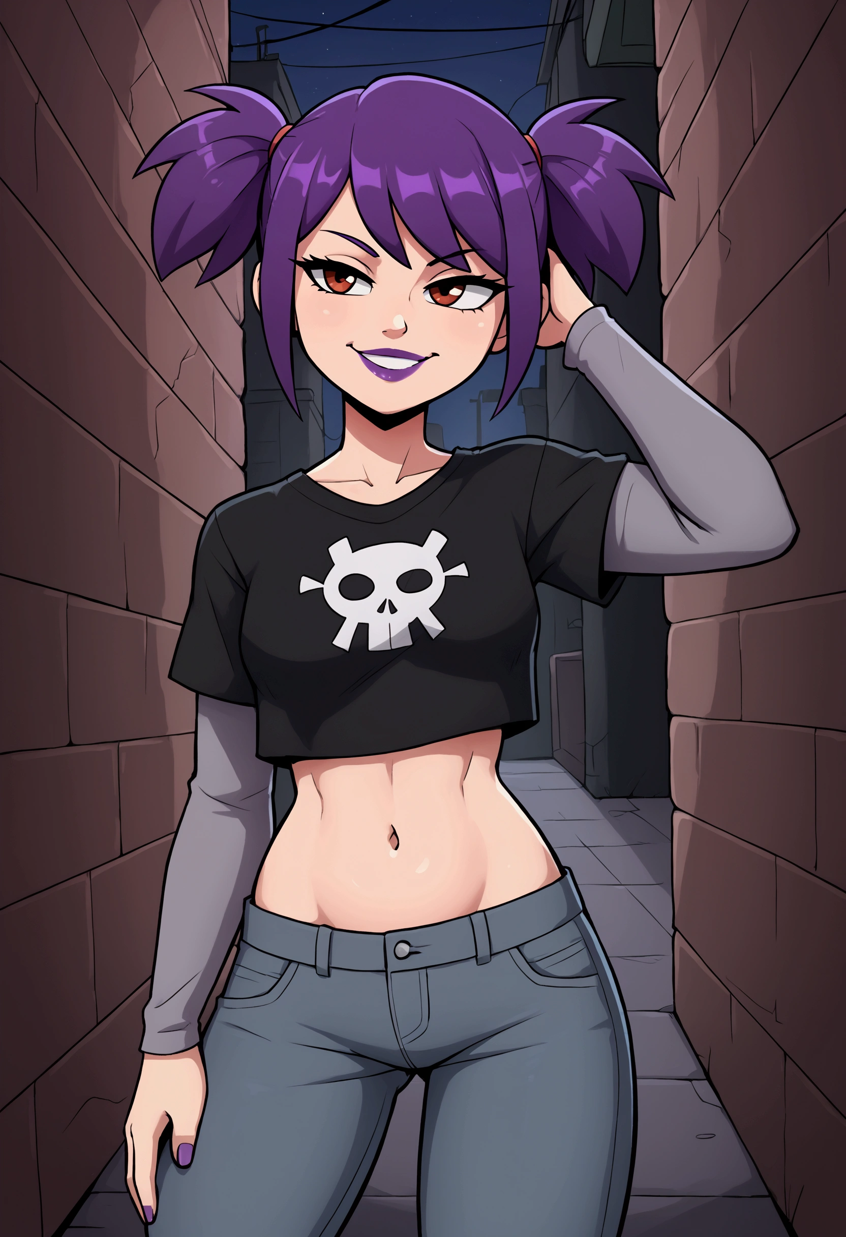 1girl, solo, purple hair, short twintails, gray jeans, taut black t-shirt, long gray sleeves, crop top, midriff, belly, navel, purple lipstick, smirk, dark alley, night