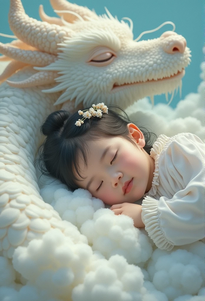 1 year old Chinese girl,Lovely, Round your face,Slept in a golden dragon bed, Two-horned dragon, Shutterstock Contest Winner, Fantasy art, Illustrated images, A dragon made of clouds, Chinese Fantasy, Camera shot, Intricate and sophisticated details, high quality,Japanese girl