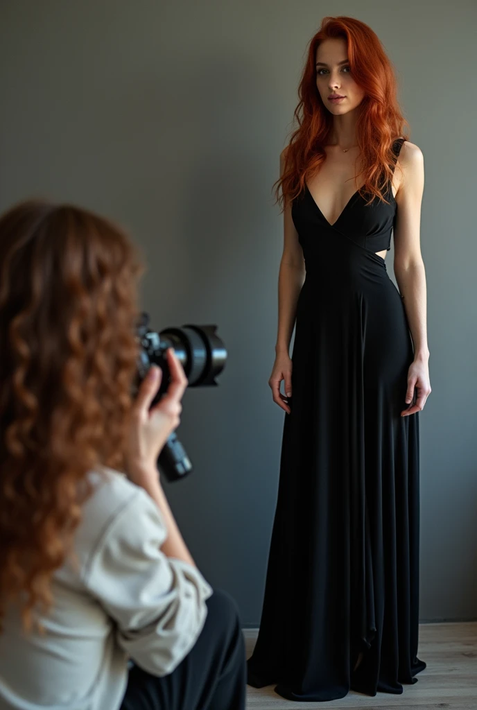 upper body, black dress, red hair, looking at viewer, beach, white woman, standing<lora:age_slider_v20:-1>