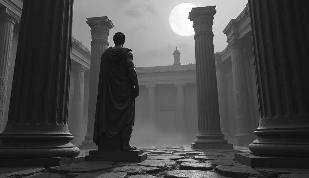 dark landscape image of an ancient greek society deeply connected to stoicism, black and white, ancient greek architecture, include one single big statue of a stereotypical strong greek man, marcus aurelius