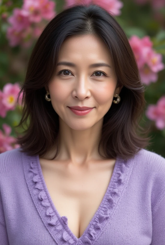 Mature Woman,  ( detailed description of hair ), (Detailed description of the face), (Detailed description of the body), high definition , masterpiece,  top quality,  high detail, formal: 1.4), ( realistic : 1.2, 超 realistic な: 1.1,  realistic: 1.37), ( Sharp Focus : 1.4),  is written by,  physical based rendering,  Wavy hair, ,  unrivaled beauty , (Ultimate beauty), (lipstick:1.1), ( eyeliner :1.2),  mascara,  Eye Shadow , (48 years old,: 1.4), Japanese、 close-up 、 fine lines of laughter :1.2、seductive smile,(Lavender Purple X Frill Detail Sweater)、(Flower field background)