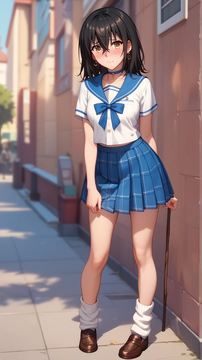 ( super high resolution 、 Max Image、 top quality、 More Details:1.2)、(Himeragi Yukina:1.25)、 1 woman 、solo、 black hair、Shiny Hair、 bangs between eyes、 golden eyes、Glamorous eyes、 textured skin、 sailor suit、Summer uniform、Short sleeve、 miniskirt、 Loose Socks、 brown loafers 、( skirt soars up :1.4)、( red sexy lingerie with a stick)、Shiny Earrings、 choker 、 standing、whole body、front、 from before、blush、Embarrassed