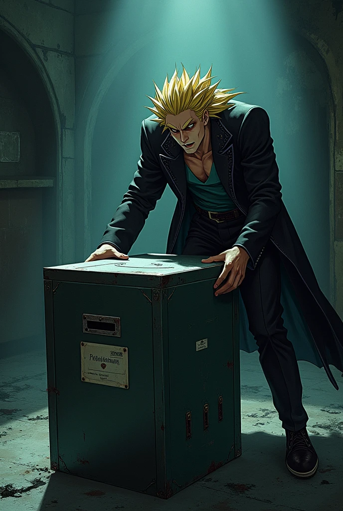 Highly detailed, (masterpiece), best quality, expressive eyes, perfect face, 1man, Spiked hair, long hair, Super Saiyan Trunks Hair, Green hair, green eyes, Bulky Body Builder Masculine body, Green leather Jacket & Jeans, Holding a Gigantic Battle Axe Spear Hammer, combat boots, full body, back view
