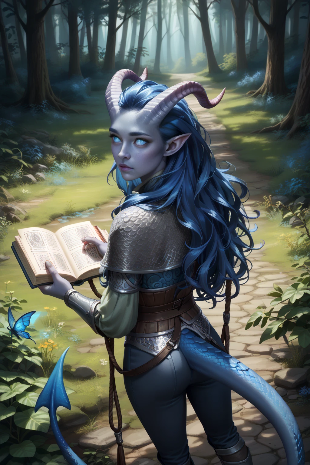 ( A sprawling cedar is growing ), ((forest in the background)), dynamics, (1Тiefling ,  dark blue-gray skin :1.4), ((((very thick long tiefling dragon tail)))), ((long dark blue flowing hair)) ,  ((((Pigmentation on the face blue freckles)))) , ((bright blue-grey pupils, very black eyes)), ((skin pigmentation,)),  girl  , (kind face), (face visible), (curiosity ), ( openness in view ), (small lips), ( curious eyes ), (30 years old), chainmail, gray-black armor ,  (( Protection on a thick long dragon blue tail)), (medieval pants, mantle), (1 magic book in hand) (( dynamic posture looks back from behind, in half a turn, face visible)) , ( dark grey straight short horns),  (book in hand), (  top quality ,  masterpiece fails,   in the highest detail ) ,  fantasy background. blue tones, Dark tones.  Clear water, scale,  Dark colors , dark shades,  muted colors. (( view from above )).