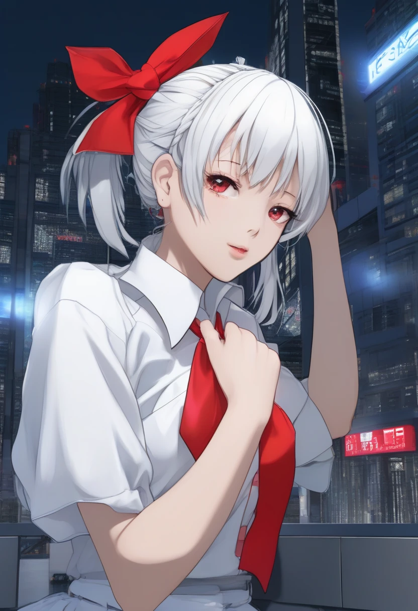 masterpiece, best quality, very aesthetic, 1girl, solo, tohno akiha, tsukihime, white hairband, white shirt, red bow, lips, pout, blush, hand on own hip, looking away, upper body, indoors, backlighting, night, (dark), city