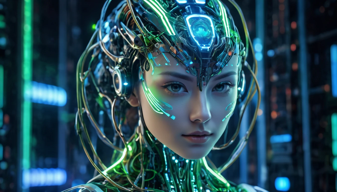 Visual Representation of Artificial Intelligence(AI). This image is、Futuristic human form, integrates cybernetics and technology into the design .。.。. In the background、 and has a lattice-like structure with neural networks that emit light and complex circuits..., Symbolizes enormous data processing capabilities. This humanoid figure is made of metal and crystal materials ..., Blue and green lines of light running along the body., Suggest connections and flow of information. His eyes are shining brightly , demonstrates his high level of intelligence. The atmosphere is modern and technological, The focus is on cool colors 、It features bright details that convey innovation and a sense of the future ...。., super high resolution , retina, masterpiece, Accurate, anatomically accurate , textured skin, very detailed with crimson hair, Awards, 16k, Humanoid Creation Process