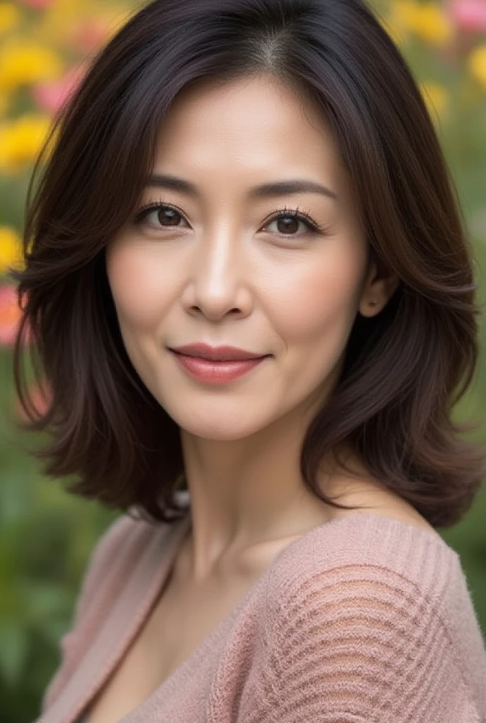 Mature Woman,  ( detailed description of hair ), (Detailed description of the face), (Detailed description of the body), high definition , masterpiece,  top quality,  high detail, formal: 1.4), ( realistic : 1.2, 超 realistic な: 1.1,  realistic: 1.37), ( Sharp Focus : 1.4),  is written by,  physical based rendering,  Wavy hair, ,  unrivaled beauty , (Ultimate beauty), (lipstick:1.1), ( eyeliner :1.2),  mascara,  Eye Shadow , (48 years old,: 1.4), Japanese、 close-up 、 fine lines of laughter :1.2、seductive smile,(Dusty rose and diamond knitting pattern sweater)、(Flower field background)