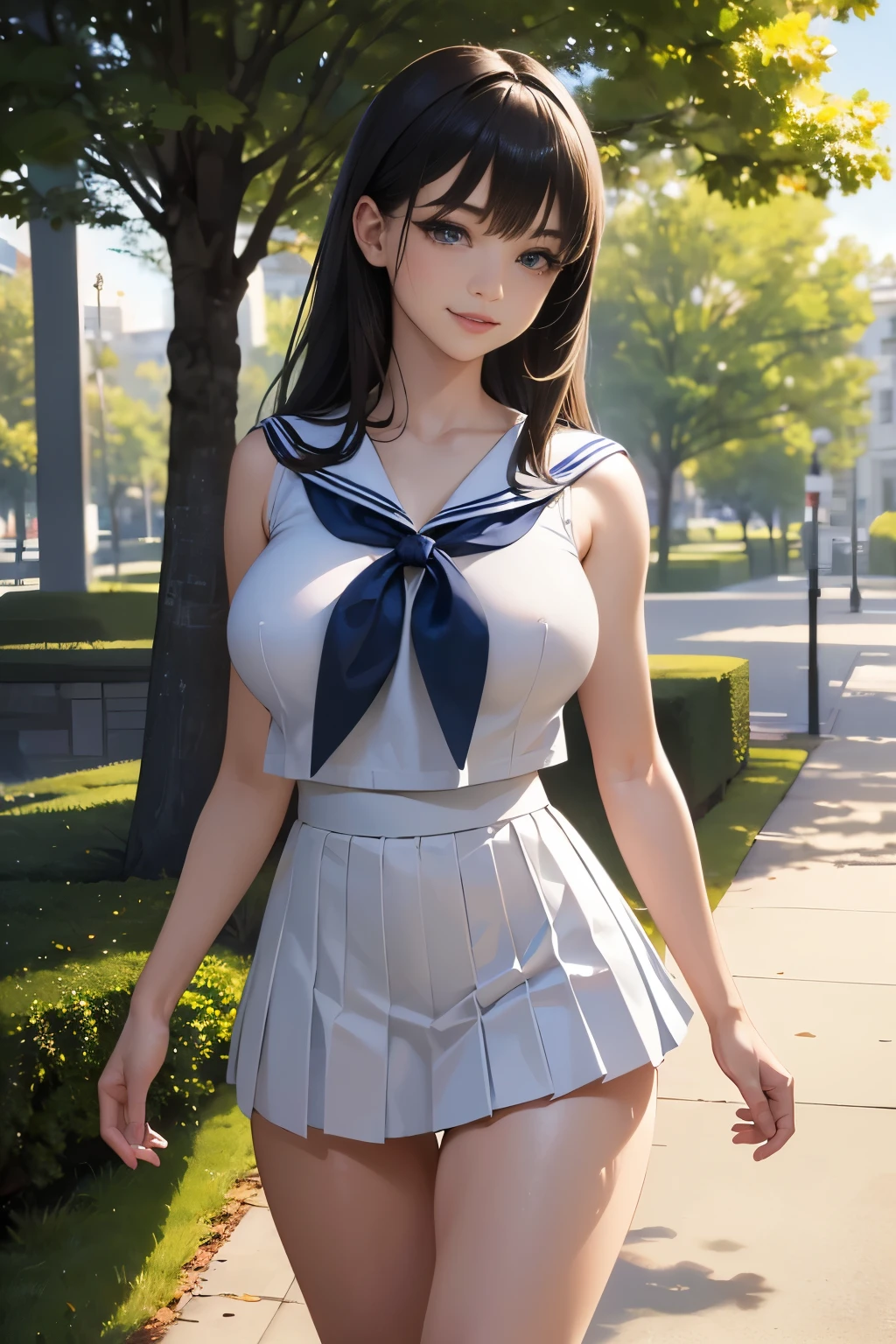 (masterpiece:1.2, top-quality), (realistic, photorealistic:1.4), beautiful illustration, (natural side lighting, movie lighting), depth of fields, 2024s,
beautiful detailed hair, beautiful detailed face, beautiful detailed eyes, beautiful clavicle, beautiful body, beautiful chest, beautiful thigh, beautiful legs, beautiful fingers, shiny skin,
full body shot, full body focus, looking at viewer, smiling to viewer, 1 girl, high school girl, (perfect anatomy, anatomically correct, super detailed skin), cute and symmetrical face, perfect face, perfect eyes, tiny, face,
(middle hair, straight hair, dark brown hair), swept bangs, blue eyes, drooping eyes, long eyelashes, (big breasts, seductive thighs), medium body, outstanding style,
(detailed cloth texture), break (white sailor suit), break, (white pleated skirt), break (blue sailor neckerchief), break
(beautiful scenery), autumn, afternoon, (tree-lined avenue:1.2, chestnut tree, ginkgo tree, grass), standing, (), (cute smile, parted lips),