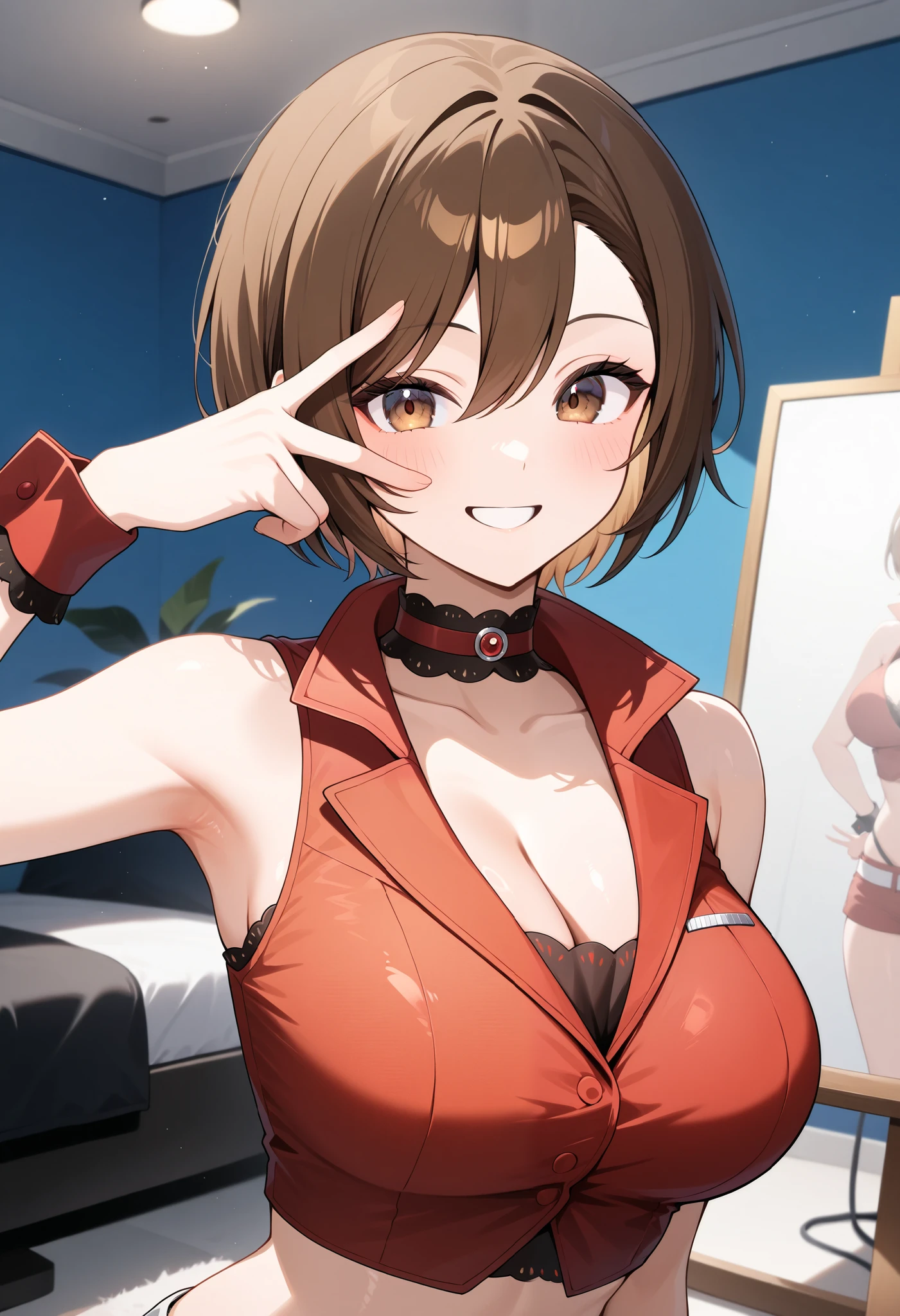 1girl, meiko\(vocaloid\), vocaloid. An illustration of a girl with short brown hair and brown eyes. She is wearing a red shirt and choker. She poses for a photo shoot. sensitive, upper body, looking at viewer, large breasts, choker, crop top, red shirt, wrist cuffs, v over eye, smile, indoors, bloom, masterpiece, best quality, very aesthetic, absurdres