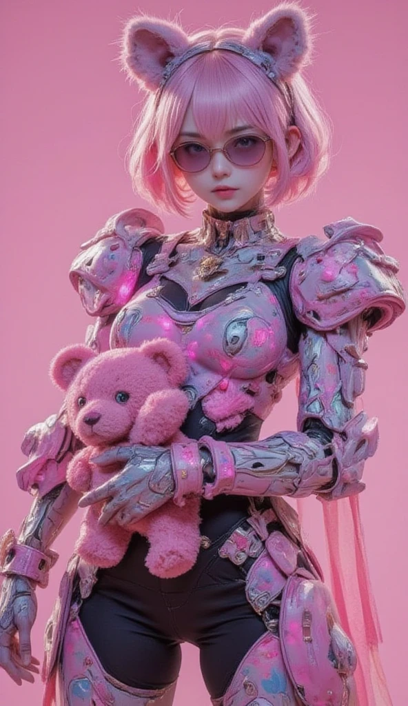 cute girly robot, colorful flower pattern on body, armed with heavy weapons on body, kawaii mood, Joints and gaps glowing pink. holding teddy-bear.hardcore machine. newest anime style,cute pop simple background.vivid color.punk accessories