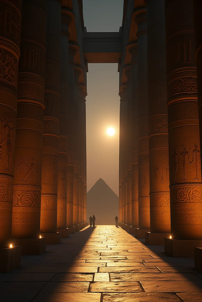 a dramatic, low-angle, cinematic photo of the grand hall of a majestic pharaonic temple, featuring towering stone columns adorned with intricate, golden-hued pharaonic hieroglyphics and drawings that seem to dance across the stone, set against a dark, smokey night sky, with the majestic Giza Pyramids looming in the background, softly illuminated by the faint, moonlit glow, casting long shadows across the temple's stone floor, with a sense of ancient mystique and wonder, photographed in a warm, film-noir inspired tone, with deep shadows and high contrast, evoking a sense of mystery and awe.