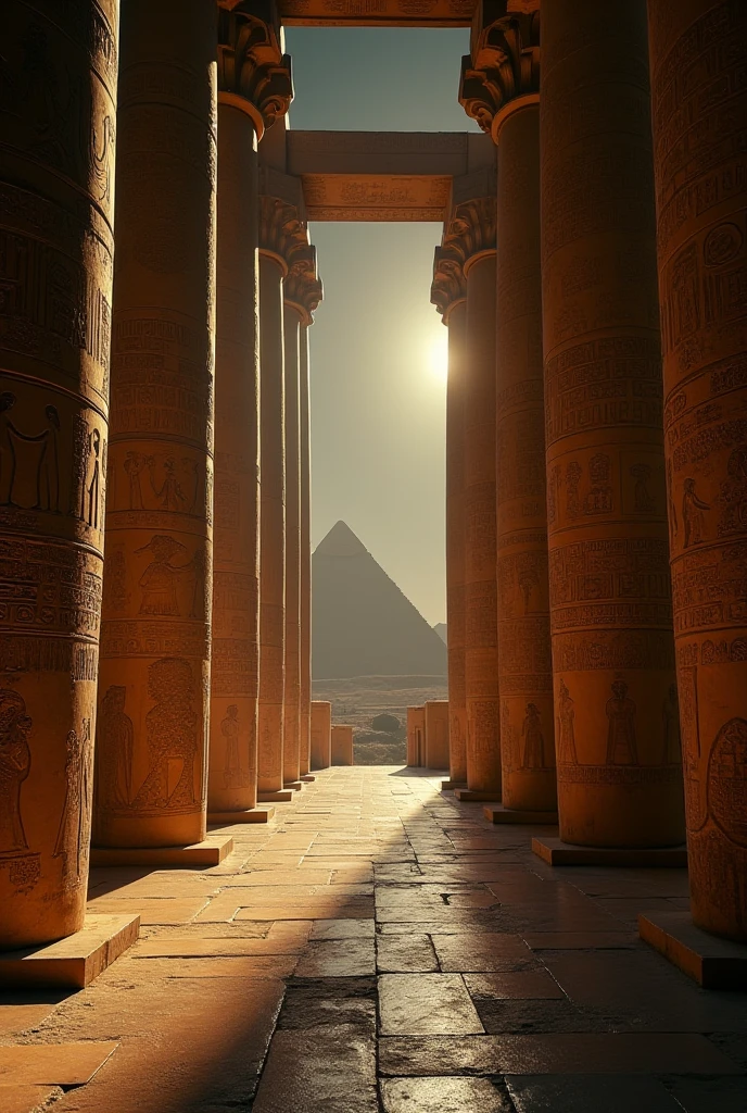 a dramatic, low-angle, cinematic photo of the grand hall of a majestic pharaonic temple, featuring towering stone columns adorned with intricate, golden-hued pharaonic hieroglyphics and drawings that seem to dance across the stone, set against a dark, smokey night sky, with the majestic Giza Pyramids looming in the background, softly illuminated by the faint, moonlit glow, casting long shadows across the temple's stone floor, with a sense of ancient mystique and wonder, photographed in a warm, film-noir inspired tone, with deep shadows and high contrast, evoking a sense of mystery and awe.