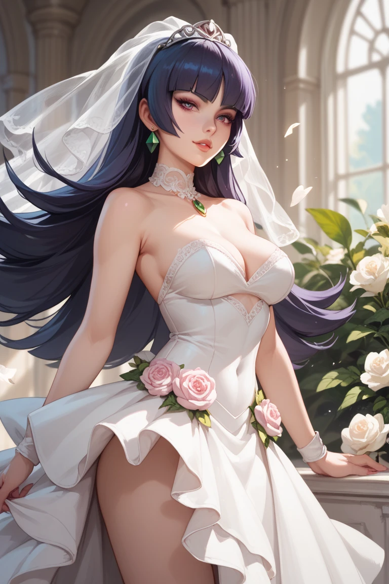 girl, purple eyes(Beautiful detailed eyes),  Cinematic lighting, Thin white wedding dress (thin skirt with open breasts open belly open lower body), Holding a bouquet of blue 彼岸花,two hands holding flowers on the belly, located in a field of flowers, one leg stretched straight, one leg shrunk, heavy rain, wet rain body
