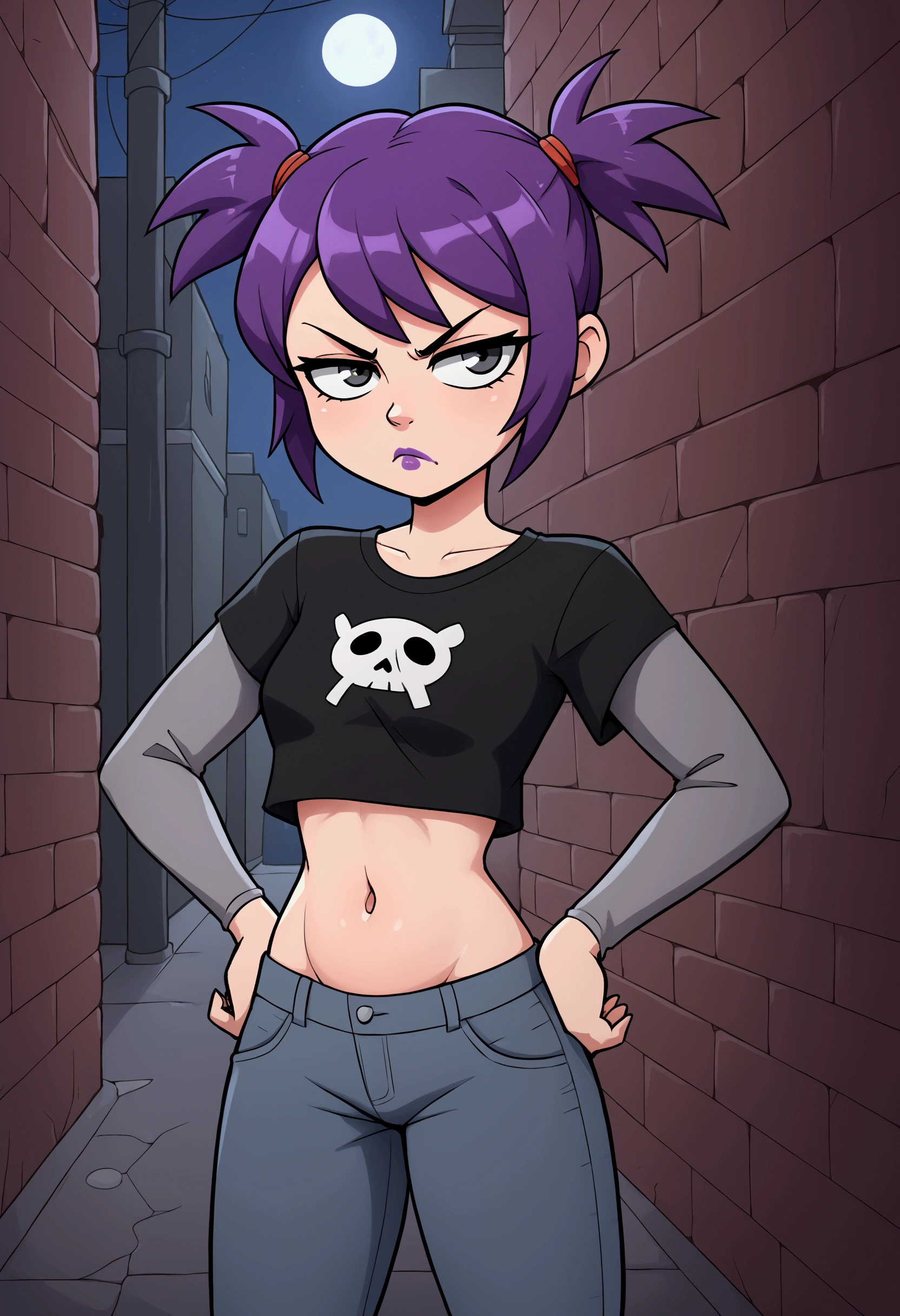 1girl, solo, purple hair, short twintails, gray jeans, taut black t-shirt, long gray sleeves, crop top, midriff, belly, navel, purple lipstick, frown, scowl, hands on hips, dark alley, night