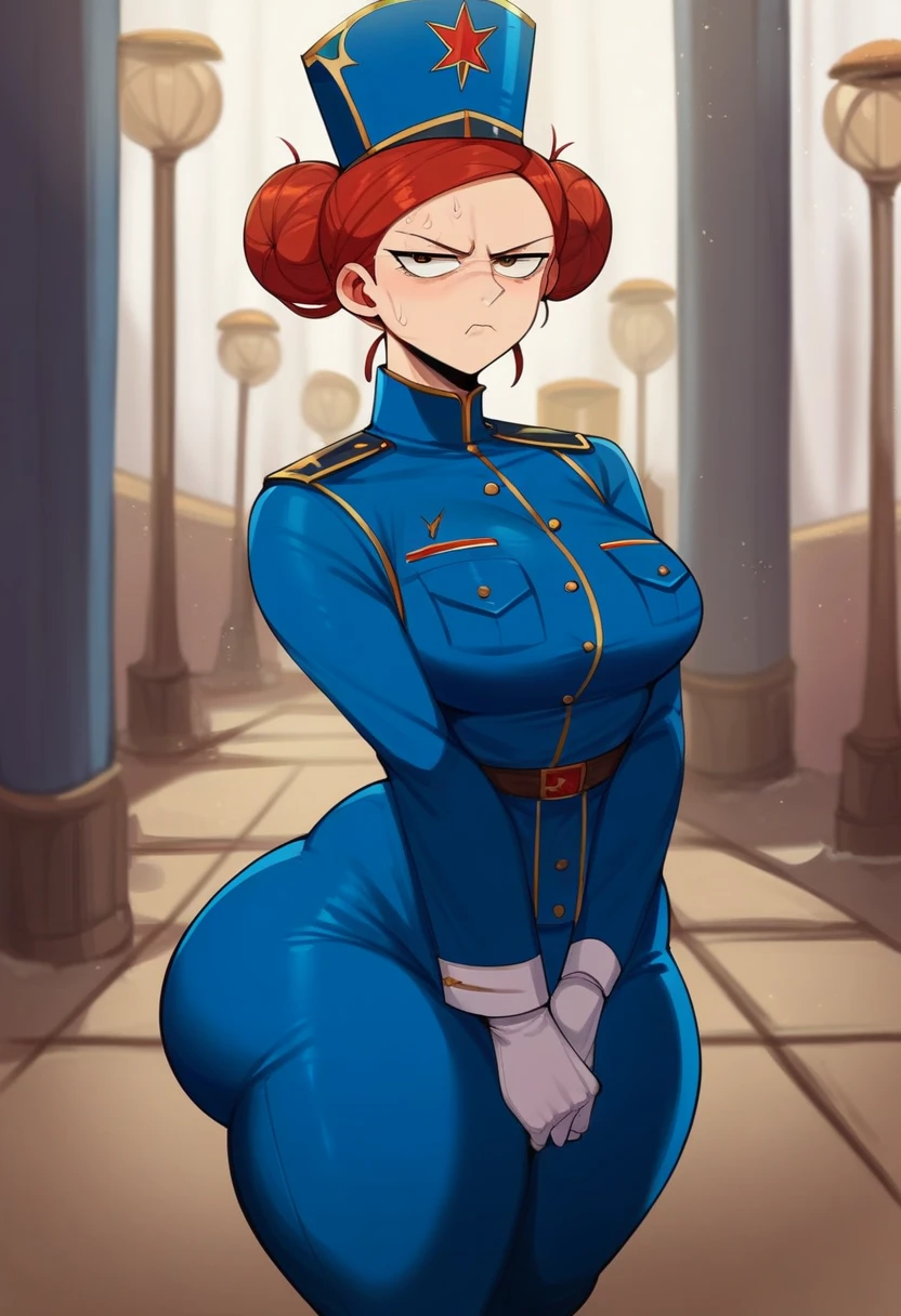 (best quality, masterpiece), 1girl,dark red hair,hair tied on a bun,female cop, Blue uniform, cop hat, blue pants, big butt, very wide hips, modest breasts, brown eyes, annoyed face,white skin, street background