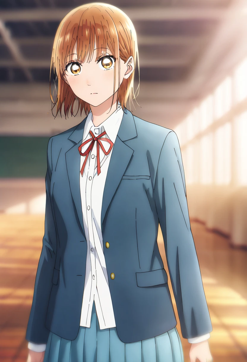  1 girl, Alone, Chinatsu,  Blurry Background,  school uniform,  white shirt,  blue skirt, Red Ribbon,  pleated skirt,  blazer,  blue jacket , looking at viewer, masterpiece,  top quality,  great quality,   very aesthetic ,  absurd