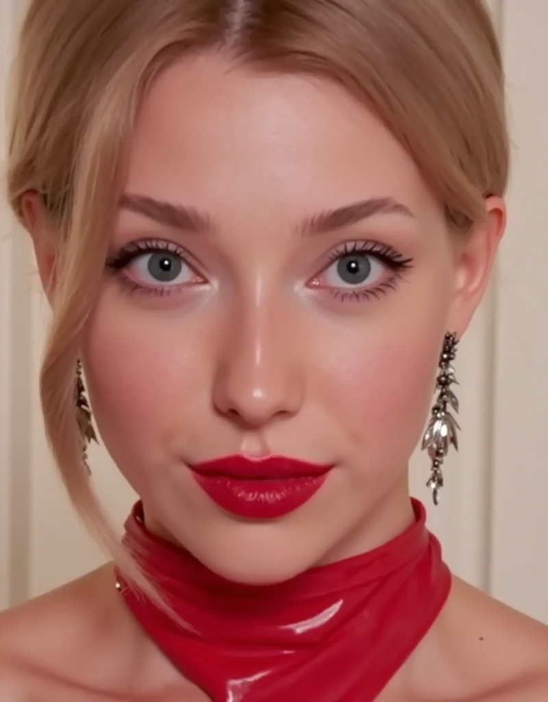 face close up. barbie blonde. shiny red lip gloss. latex catsuit with high neck, lips are shiny, shiny makeup