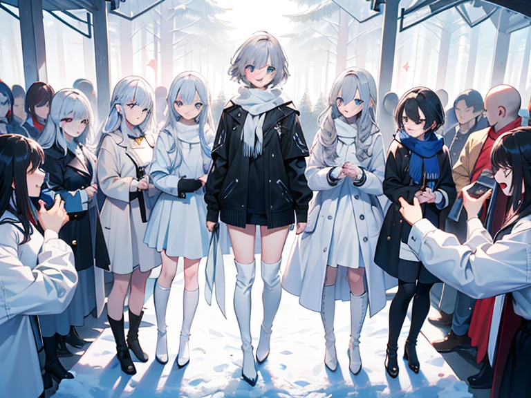  Light Blue Eyes ， princess cut ，Gray Hair， white thigh boots ， white gosolita ， white knee-high socks， white ribbon，Like the whole body， sweep bang ， with semi-closed eyes ， long white scarf ，forested ，  knight ，winter，n Masterpiece ，4K，  Award-Winning Photos  ， is very detailed，finely detailled， very detailed women ，Teenage Girls， extremely detailed eyes and face ， standing with different breasts ， Best Quality ， smiles, happiness/joy,  eyes sparkle, 