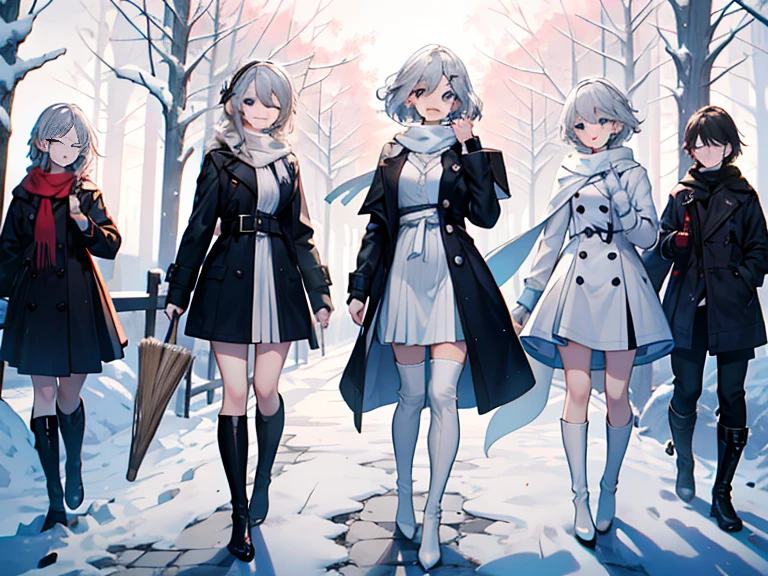  Light Blue Eyes ， princess cut ，Gray Hair， white thigh boots ， white gosolita ， white knee-high socks， white ribbon，Like the whole body， sweep bang ， with semi-closed eyes ， long white scarf ，forested ，  knight ，winter，n Masterpiece ，4K，  Award-Winning Photos  ， is very detailed，finely detailled， very detailed women ，Teenage Girls， extremely detailed eyes and face ， standing with different breasts ， Best Quality ， smiles, happiness/joy,  eyes sparkle, 