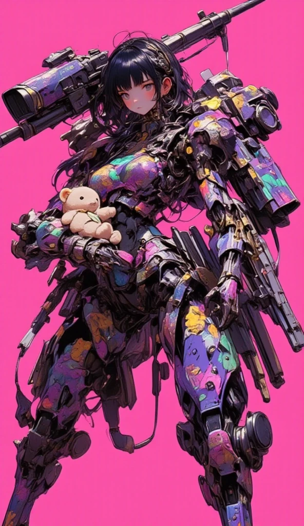 cute girly robot, colorful flower pattern on body, armed with heavy weapons on body, kawaii mood, Joints and gaps glowing pink. holding teddy-bear.hardcore machine. newest anime style,cute pop simple background.vivid color.punk accessories