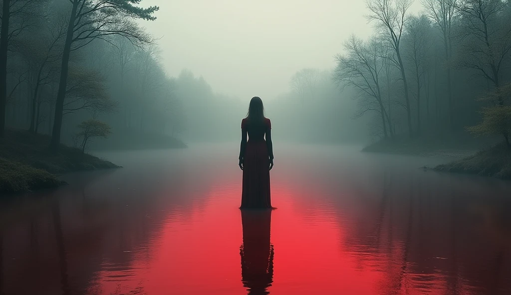Silhouette of long haired woman standing in an endless lake of blood. The sky is also stained by a red mist.