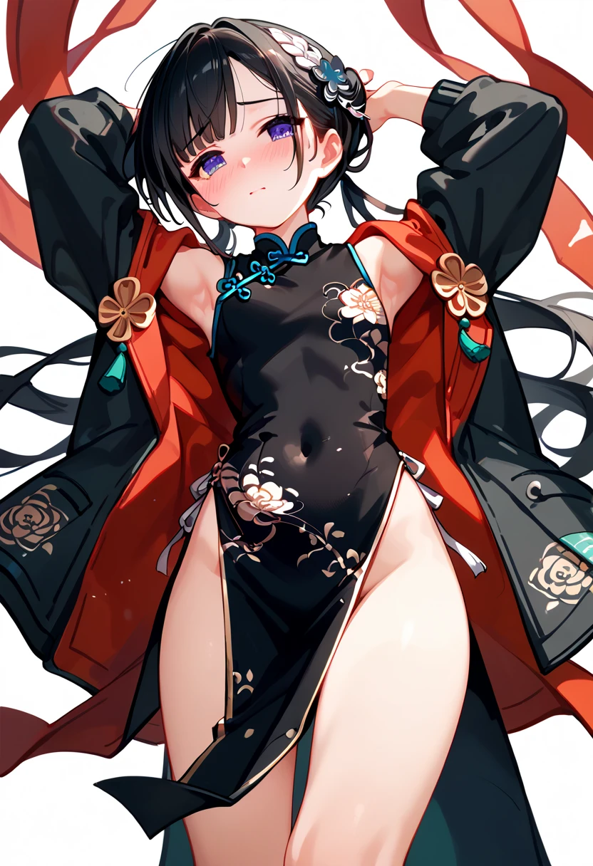 low angle, (((leotard,Chinese dress ,baggy Down jacket ,in the privateroom,shy,enjoy))) ,Extremely loving sexual acts based on pure love ,happy,very satisfied,ecstasy , Shirayuki Chiyo e, (((black_hair)))