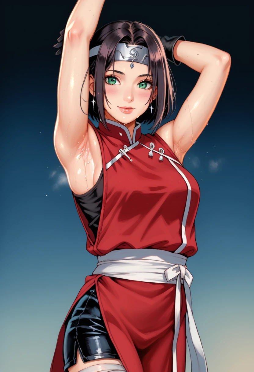 sakura shippuuden, red jacket, bandaged leg, skirt, Footwear without fingers, black shorts, sleeveless, sash, green eyes, small breasts, forehead protector, konohagakure symbol, black gloves, perfect, artwork, (best quality, high resolution:1.2), 1 girl, beautiful detailed eyes, beautiful detailed lips, extremely detailed eyes and face, long eyelashes, average:oil painting, vivid colors, HDR, studio lighting, ultra fine painting, sharp focus, physically based rendering, extremely detailed description, portraits, ((fingers arranged)), curvy body, large breasts, perfect shape, front viewer, sweaty, gorgeous, ((arms up)), scarred, smiling, armpit sex, penis under armpit, 1 boy