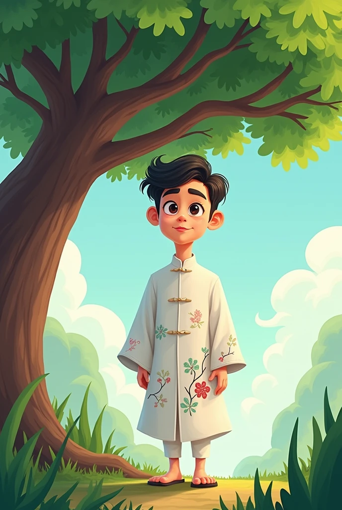 Tongkou, China, 1853. A little ((((9-year-old)) boy)), serious, in the garden, ((((chinese clothings from the 1850s)))), ((boy hairstyle of the 1850s))